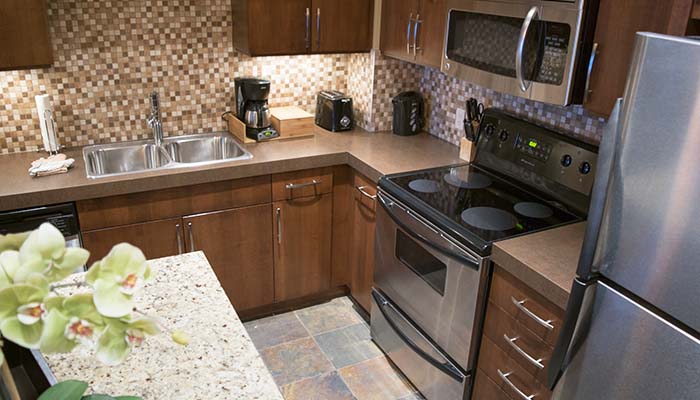 The spacious kitchen in the One Bedroom Suite at Silver Creek Lodge.